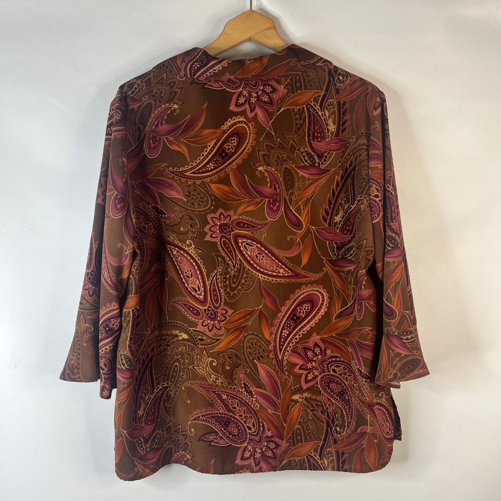 Laura Scott Blouse Women 18W Brown Paisley 3/4 Sleeve Button Front Career Top - Picture 6 of 9